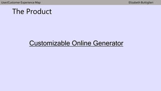 The Product
Customizable Online Generator
User/Customer Experience Map Elizabeth Buttiglieri
 