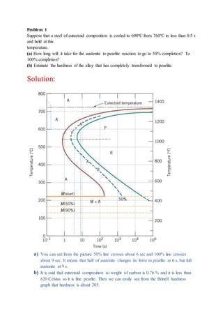 Problem 1
Suppose that a steel of eutectoid composition is cooled to 600ºC from 760ºC in less than 0.5 s
and held at this
temperature.
(a) How long will it take for the austenite to pearlite reaction to go to 50% completion? To
100% completion?
(b) Estimate the hardness of the alloy that has completely transformed to pearlite.
Solution:
a) You can see from the picture 50% line crosses about 6 sec and 100% line crosses
about 9 sec. It means that half of austenite changes its form to pearlite at 6 s, but full
austenite at 9 s.
b) It is said that eutectoid composition so weight of carbon is 0.76 % and it is less than
620 Celsius so it is fine pearlte. Then we can easily see from the Brinell hardness
graph that hardness is about 205.
 