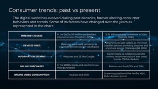 Consumer trends: past vs present
INTERNET ACCESS
In the 2000s 361 million people had
internet access. (Pingdom, 2010)
5.35 billion people connected in 2024
(Statista, 2024)
DEVICES USED
Desktops were used primarily, as
wearable devices weren’t developed.
Smartphones and tablets as the most
popular devices, providing anytime and
anywhere access. (Datareportal, 2024)
INFORMATION SEEKING Websites and SE like Google.
Social media as reliable sources for
reviews, recommendations and latest
trends. (TikTok, Reddit)
ONLINE PURCHASES
In the 2000s, books and electronics as
most purchased.
Fashion and food (31% and 26%)
ONLINE VIDEO CONSUMPTION Youtube and DVD
Streaming platforms like Netﬂix, HbO,
Hulu, Amazon prime
The digital world has evolved during past decades, forever altering consumer
behaviors and trends. Some of its factors have changed over the years as
represented in the chart.
 