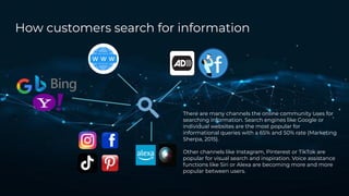 How customers search for information
There are many channels the online community uses for
searching information. Search engines like Google or
individual websites are the most popular for
informational queries with a 65% and 50% rate (Marketing
Sherpa, 2015).
Other channels like Instagram, Pinterest or TikTok are
popular for visual search and inspiration. Voice assistance
functions like Siri or Alexa are becoming more and more
popular between users.
 