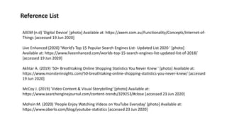 Reference List
AXEM (n.d) 'Digital Device' [photo] Available at: https://axem.com.au/Functionality/Concepts/Internet-of-
Things [accessed 19 Jun 2020]
Live Enhanced (2020) 'World’s Top 15 Popular Search Engines List- Updated List 2020 ' [photo]
Available at: https://www.liveenhanced.com/worlds-top-15-search-engines-list-updated-list-of-2018/
[accessed 19 Jun 2020]
Akhtar A. (2019) '50+ Breathtaking Online Shopping Statistics You Never Knew ' [photo] Available at:
https://www.monsterinsights.com/50-breathtaking-online-shopping-statistics-you-never-knew/ [accessed
19 Jun 2020]
McCoy J. (2019) 'Video Content & Visual Storytelling' [photo] Available at:
https://www.searchenginejournal.com/content-trends/329253/#close [accessed 23 Jun 2020]
Mohsin M. (2020) 'People Enjoy Watching Videos on YouTube Everyday' [photo] Available at:
https://www.oberlo.com/blog/youtube-statistics [accessed 23 Jun 2020]
 