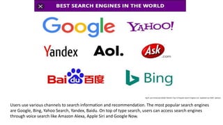 Fig 8: Live Enhanced (2020) 'World’s Top 15 Popular Search Engines List- Updated List 2020 ' [photo]
Users use various channels to search information and recommendation. The most popular search engines
are Google, Bing, Yahoo Search, Yandex, Baidu. On top of type search, users can access search engines
through voice search like Amazon Alexa, Apple Siri and Google Now.
 