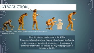 INTRODUCTION
Since the Internet was invented in the 1960’s
The amount of people and how they use it has changed significantly
In this presentation we will explore the history of the internet &
technology and how this has affected the way that people use it in
their day-to-day life.
Fig 1 Bdfinally's (2017) Human Evolution Internet Transitional Fossil
Research [Graphic]
 