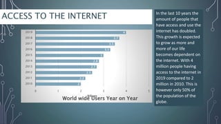 ACCESS TO THE INTERNET
2
2.2
2.5
2.7
2.8
3
3.3
3.5
3.7
4
0 1 2 3 4 5
2010
2011
2012
2013
2014
2015
2016
2017
2018
2019
Billions
World wide Users Year on Year
In the last 10 years the
amount of people that
have access and use the
internet has doubled.
This growth is expected
to grow as more and
more of our life
becomes dependent on
the internet. With 4
million people having
access to the internet in
2019 compared to 2
million in 2010. This is
however only 50% of
the population of the
globe.
 