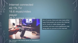 Fig4 Hanacek.V (ND) playing-games-on-playstation 4
[photograph]
Internet connected
42.1% TV
18.6 music/video
player
26.7 games console
But of course, there are now many other
ways that people can access the internet
via tv, music or video player, game
consoles and even some appliances now
being able to connect to the internet.
 