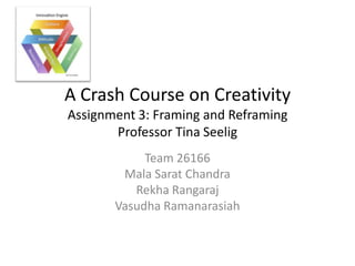 A Crash Course on Creativity
Assignment 3: Framing and Reframing
       Professor Tina Seelig
            Team 26166
        Mala Sarat Chandra
          Rekha Rangaraj
       Vasudha Ramanarasiah
 