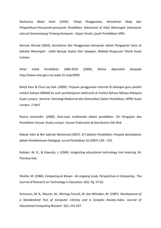Norhaniza    Abdul    Kadir     (1994).   Tahap    Penggunaan,       Kemahiran      Sikap   dan
Pengetahuan Pensyarah-pensyarah Pendidikan Vokasional di Kolej Menengah Vokasional
seluruh Semenanjung Tentang Komputer : Kajian Ilmiah, Ijazah Pendidikan UPM .


Norizan Ahmad (2003), Kemahiran dan Penggunaan Komputer dalam Pengajaran Sains di
Sekolah Menengah : Lebih Banyak Soalan Dari Jawapan, Maktab Perguruan Teknik Kuala
Lumpur.


Pelan     Induk    Pendidikan      2006-2010      (2006),   Online     diperolehi      daripada
http://www.moe.gov.my/ pada 31 Julai/2009.


Ranjit Kaur & Chua Lay Siok. (2000). Tinjauan penggunaan internet di kalangan guru pelatih
institut bahasa (IBMM) ke arah pembelajaran elektronik di Institut Bahasa Melayu Malaysia
Kuala Lumpur. Seminar Teknologi Maklumat dan Komunikasi Dalam Pendidikan, MPBL Kuala
Lumpur. 2 April.


Rozina Jamaludin. (2000). Asas-asas multimedia dalam pendidikan. Siri Pengajian dan
Pendidikan Utusan. Kuala Lumpur: Utusan Publication & Distributors Sdn Bhd.


Robiah Sidin & Nor Sakinah Mohamad (2007). ICT daalam Pendidikan: Prospek danCabaran
dalam Pembaharuan Pedagogi. Jurnal Pendidikan 32 (2007) 139 – 152.


Roblyer, M. D., & Edwards, J. (2004). Integrating educational technology into teaching. NJ:
Prentice-Hall.




Shields, M. (1986). Computing at Brown - An ongoing study. Perspectives In Computing . The
Journal of Research on Technology in Education. 6(2): Pg. 57-62.


Simonson, M. R., Maurer, M., Montag-Torardi, M. dan Whitaker, M. (1987). Development of
a Standardized Test of Computer Literacy and a Complex Anxiety Index. Journal of
Educational Computing Reseach. 3(2): 231-247.
 