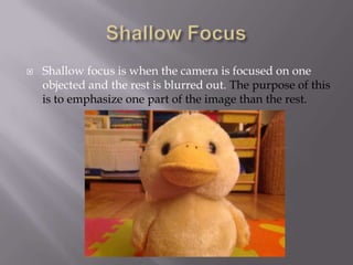 

Shallow focus is when the camera is focused on one
objected and the rest is blurred out. The purpose of this
is to emphasize one part of the image than the rest.

 