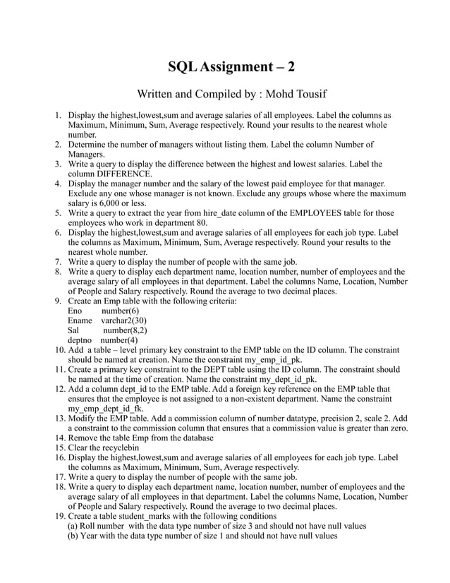 SQL Practice Question set | PDF | Databases | Computer Software and ...
