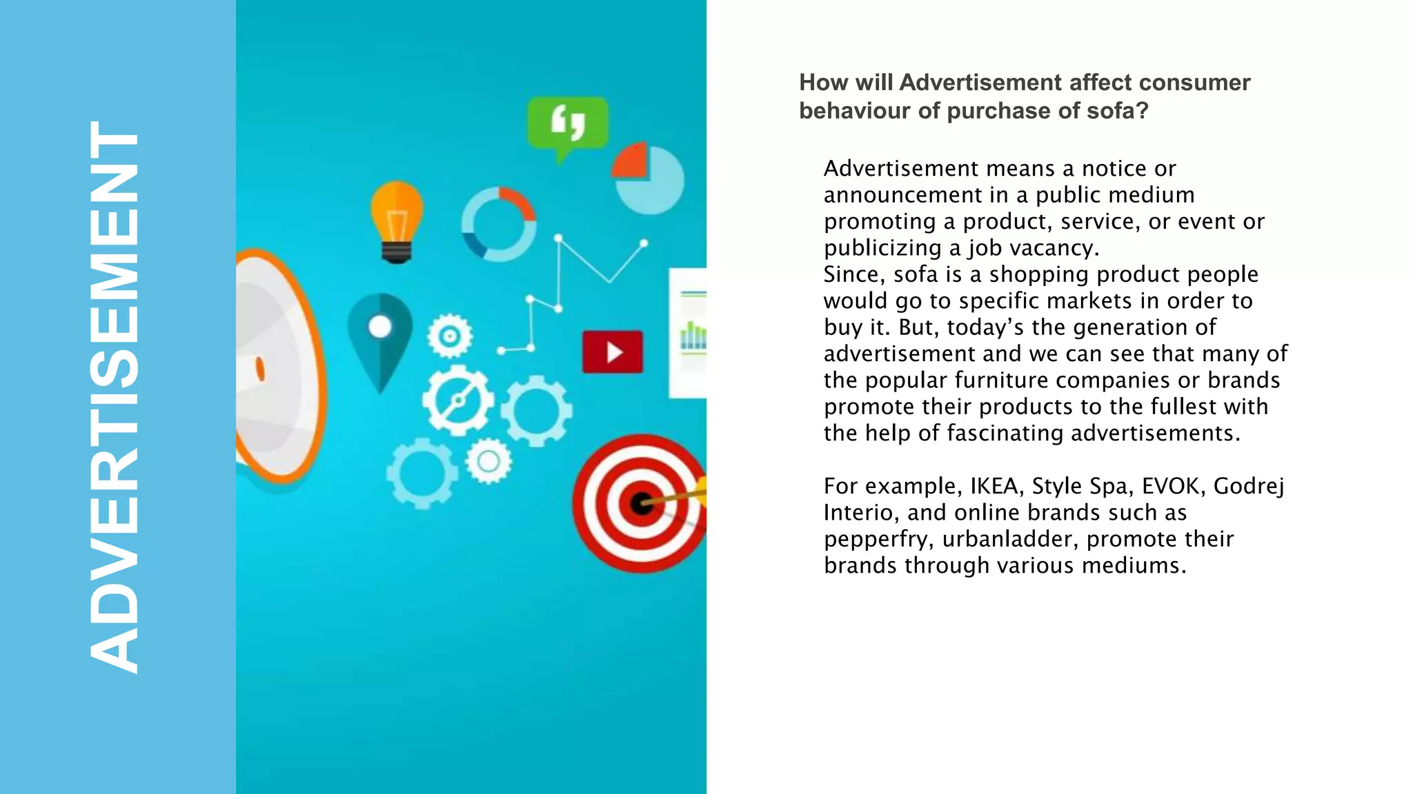 ADVERTISEMENT
How will Advertisement affect consumer
behaviour of purchase of sofa?
Advertisement means a notice or
announcement in a public medium
promoting a product, service, or event or
publicizing a job vacancy.
Since, sofa is a shopping product people
would go to specific markets in order to
buy it. But, today’s the generation of
advertisement and we can see that many of
the popular furniture companies or brands
promote their products to the fullest with
the help of fascinating advertisements.
For example, IKEA, Style Spa, EVOK, Godrej
Interio, and online brands such as
pepperfry, urbanladder, promote their
brands through various mediums.
 