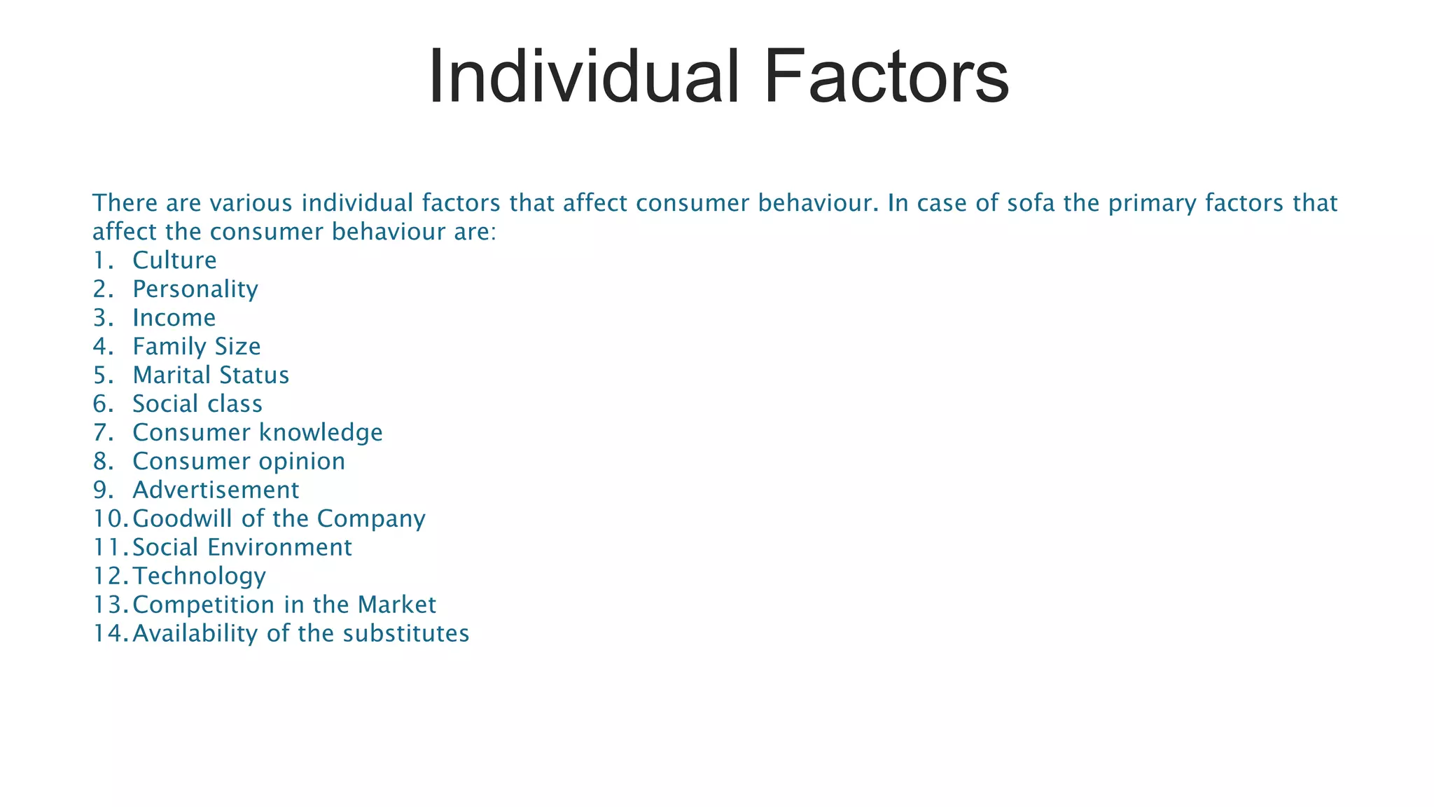 Individual Factors
There are various individual factors that affect consumer behaviour. In case of sofa the primary factors that
affect the consumer behaviour are:
1. Culture
2. Personality
3. Income
4. Family Size
5. Marital Status
6. Social class
7. Consumer knowledge
8. Consumer opinion
9. Advertisement
10.Goodwill of the Company
11.Social Environment
12.Technology
13.Competition in the Market
14.Availability of the substitutes
 