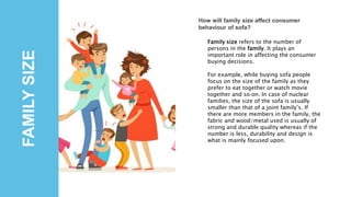 FAMILYSIZE
How will family size affect consumer
behaviour of sofa?
Family size refers to the number of
persons in the family. It plays an
important role in affecting the consumer
buying decisions.
For example, while buying sofa people
focus on the size of the family as they
prefer to eat together or watch movie
together and so on. In case of nuclear
families, the size of the sofa is usually
smaller than that of a joint family’s. If
there are more members in the family, the
fabric and wood/metal used is usually of
strong and durable quality whereas if the
number is less, durability and design is
what is mainly focused upon.
 