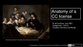 ‘The Anatomy Lesson of Dr Nicolaes Tulp’ by Rembrandt, Public Domain
Anatomy of a
CC license
B. de los Arcos, July 2021
Assignment – Unit 3,
Creative Commons Certificate
This presentation is licensed under Creative Commons Attribution 4.0 International
 