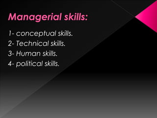 1- conceptual skills.
2- Technical skills.
3- Human skills.
4- political skills.
 