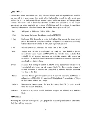 2
QUESTION 3
Shahnas Bhd started his business on 1 July 2011 and involves with trading and service activities
and most of its revenue comes from credit sales. Shahnas Bhd records its sales using gross
method and 5/15, n 30 is applicable for its credit term. During the second half of operations,
Shahnas Bhd found itself in financial difficulties. Shahnas Bhd decided to use its account
receivables and notes receivable as a means of obtaining cash to continue its operations.
Following is information related to Shahnas Bhd activities for the year ended 2012.
1 Dec Sold goods to SilaHamza Bhd for RM149,500.
10 Dec SilaHamza Bhd return the defective goods of RM4,500
31 Dec SilaHamza Bhd forwarded a notice to Shahnas Bhd asking for longer credit
period. Shahnas Bhd agreed to extend the credit period and convert the remaining
balance of account receivable to 12%, 120-day Note Receivable.
21 Jan Provide services to Kala Berhad and issued a bill of RM120,000.
1 Feb Shahnas Bhd factored with recourse RM75,000 of Kala Berhad’s account
receivable for a cash proceed of RM70,000 to the NDLuLu Bank. NDLuLu Bank
withheld 8% of account receivable as protection against sales return and
allowance. The different between factored account receivable and cash proceed is
considered as a finance charge.
29 Feb NDLuLu Bank manage to collect RM68,000 of the factored account receivable,
which include sales return and allowance of RM2,750. The remaining balance of
account receivable is uncollectible. Settlement of factored accounts receivable
was done on this date.
1 March Shahnas Bhd assigned the remainder of its account receivable, RM45,000 as
collateral on a RM35,000, 6% loan from NDLuLu Bank. A commission of 4% on
the face amount of loan was charged.
15 March Discounted without recourse, the Note Receivable dated 31 December to Aris
Bank at a discount rate of 9%.
30 March Collect RM 37,000 of account receivable assigned and remitted it to NDLuLu
Bank.
REQUIRED:
Assuming that there are 360 days in a year, prepare all necessary journal entries for Shahnas
Bhd. Show all your workings.
 