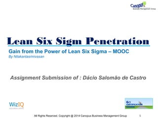 Lean Six Sigm Penetration
All Rights Reserved. Copyright @ 2014 Canopus Business Management Group 1
Gain from the Power of Lean Six Sigma – MOOC
By Nilakantasrinivasan
Assignment Submission of : Dácio Salomão de Castro
 