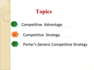 Topics

1   Competitive Advantage

2   Competitive Strategy

3   Porter’s Generic Competitive Strategy




                                            2-2
 