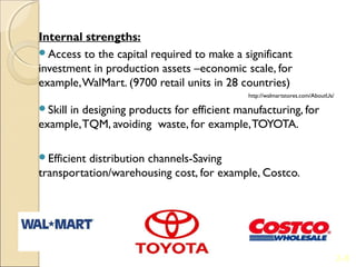 Internal strengths:
Access to the capital required to make a significant
investment in production assets –economic scale, for
example, WalMart. (9700 retail units in 28 countries)
                                            http://walmartstores.com/AboutUs/

Skill
     in designing products for efficient manufacturing, for
example, TQM, avoiding waste, for example, TOYOTA.

Efficientdistribution channels-Saving
transportation/warehousing cost, for example, Costco.




                                                                                2-8
 