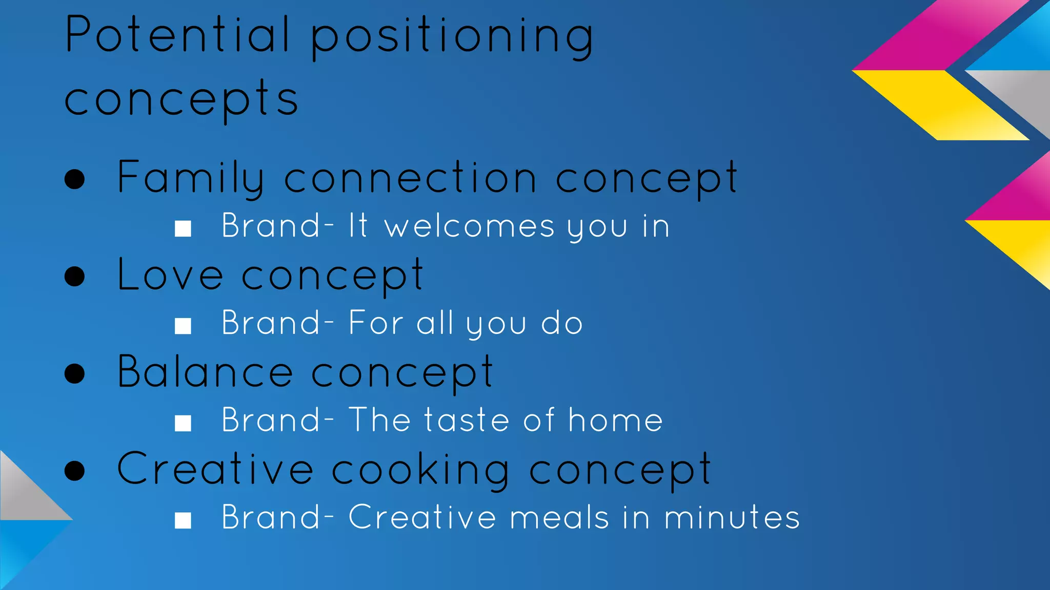 Potential positioning
concepts
● Family connection concept
■ Brand- It welcomes you in
● Love concept
■ Brand- For all you do
● Balance concept
■ Brand- The taste of home
● Creative cooking concept
■ Brand- Creative meals in minutes
 