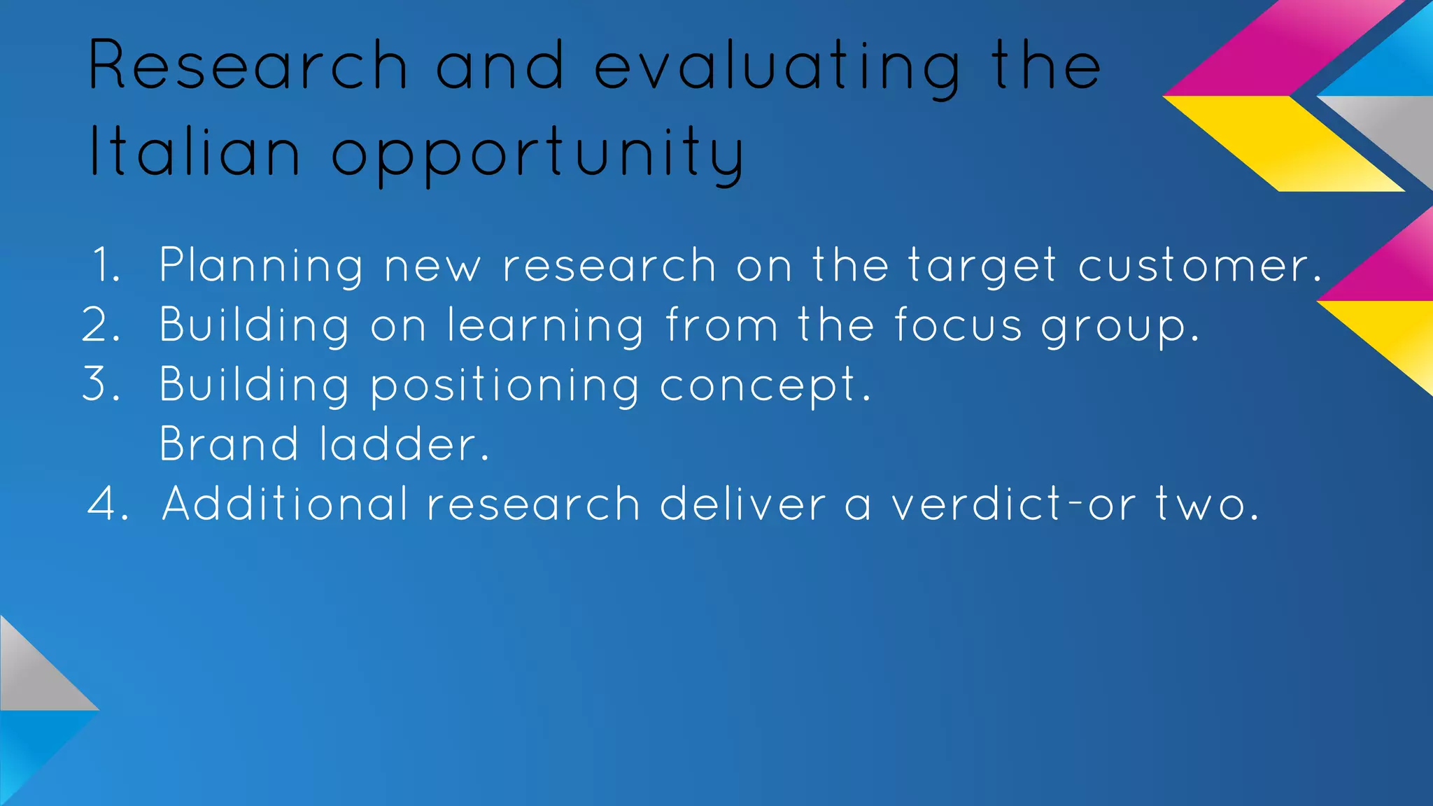 Research and evaluating the
Italian opportunity
1. Planning new research on the target customer.
2. Building on learning from the focus group.
3. Building positioning concept.
Brand ladder.
4. Additional research deliver a verdict-or two.
 