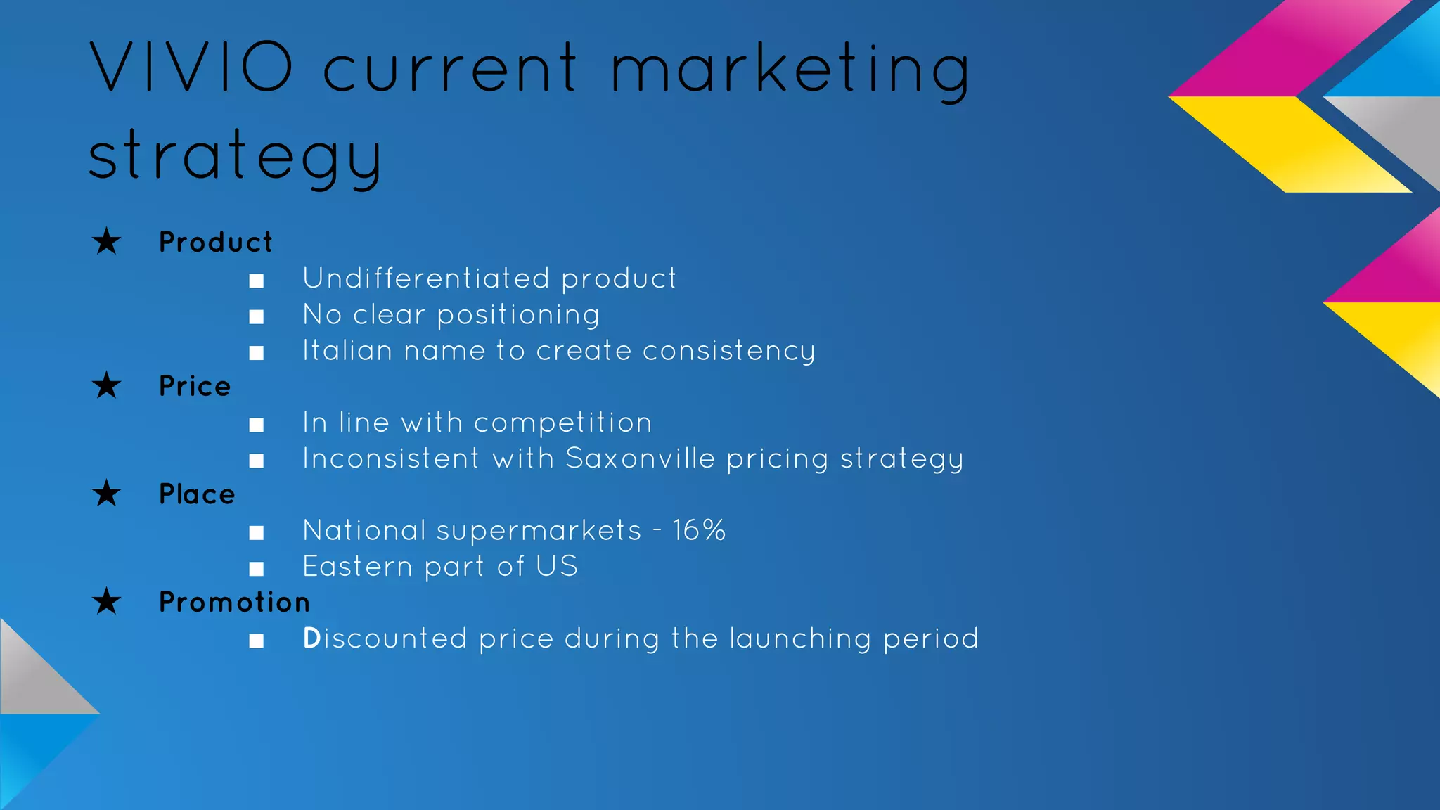VIVIO current marketing
strategy
★ Product
■ Undifferentiated product
■ No clear positioning
■ Italian name to create consistency
★ Price
■ In line with competition
■ Inconsistent with Saxonville pricing strategy
★ Place
■ National supermarkets - 16%
■ Eastern part of US
★ Promotion
■ Discounted price during the launching period
 