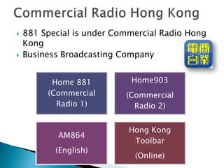    881 Special is under Commercial Radio Hong
    Kong
   Business Broadcasting Company


          Home 881          Home903
         (Commercial       (Commercial
           Radio 1)          Radio 2)


                            Hong Kong
            AM864
                             Toolbar
           (English)
                             (Online)
 