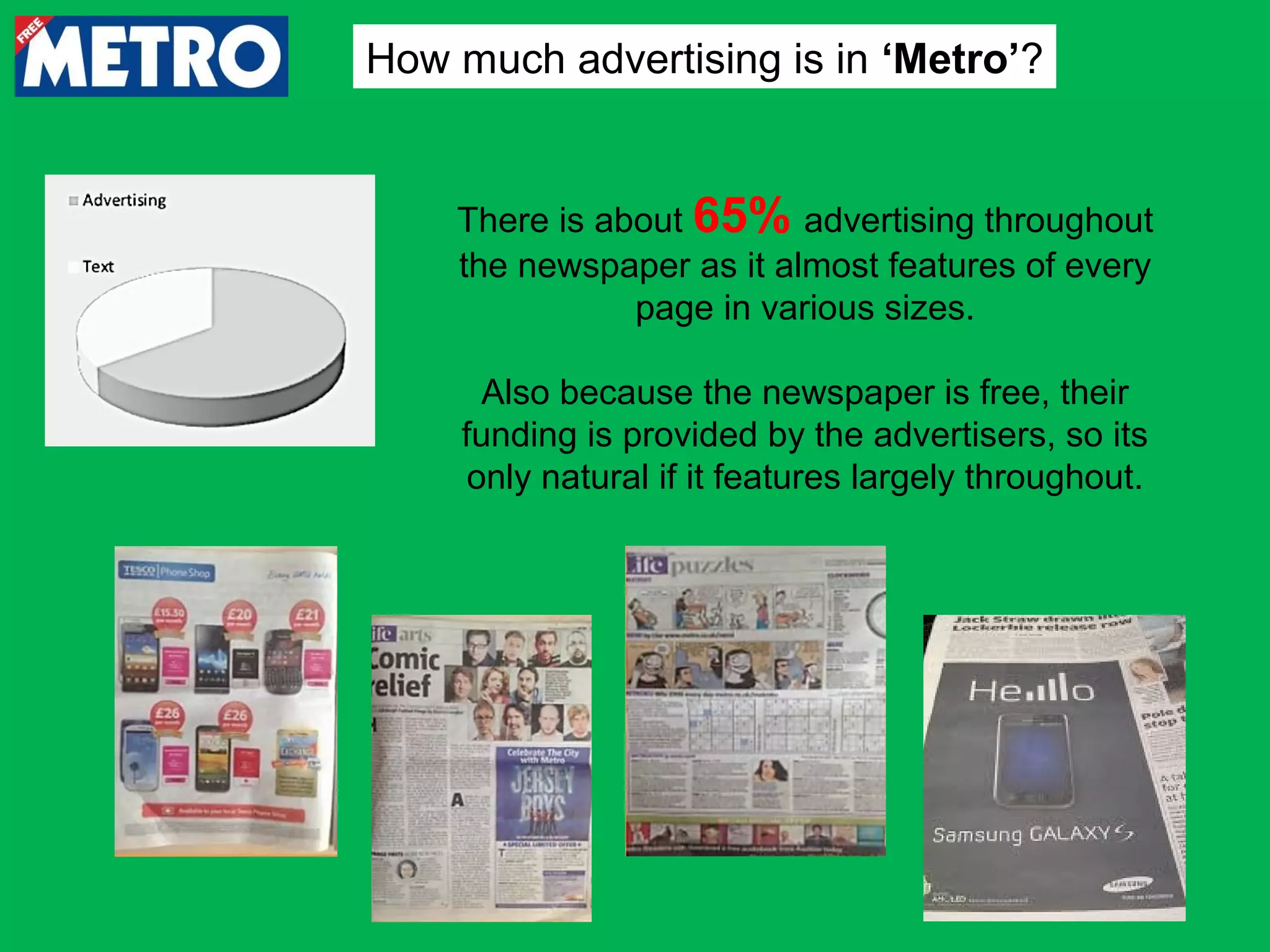How much advertising is in ‘Metro’?
There is about 65% advertising throughout
the newspaper as it almost features of every
page in various sizes.
Also because the newspaper is free, their
funding is provided by the advertisers, so its
only natural if it features largely throughout.

 