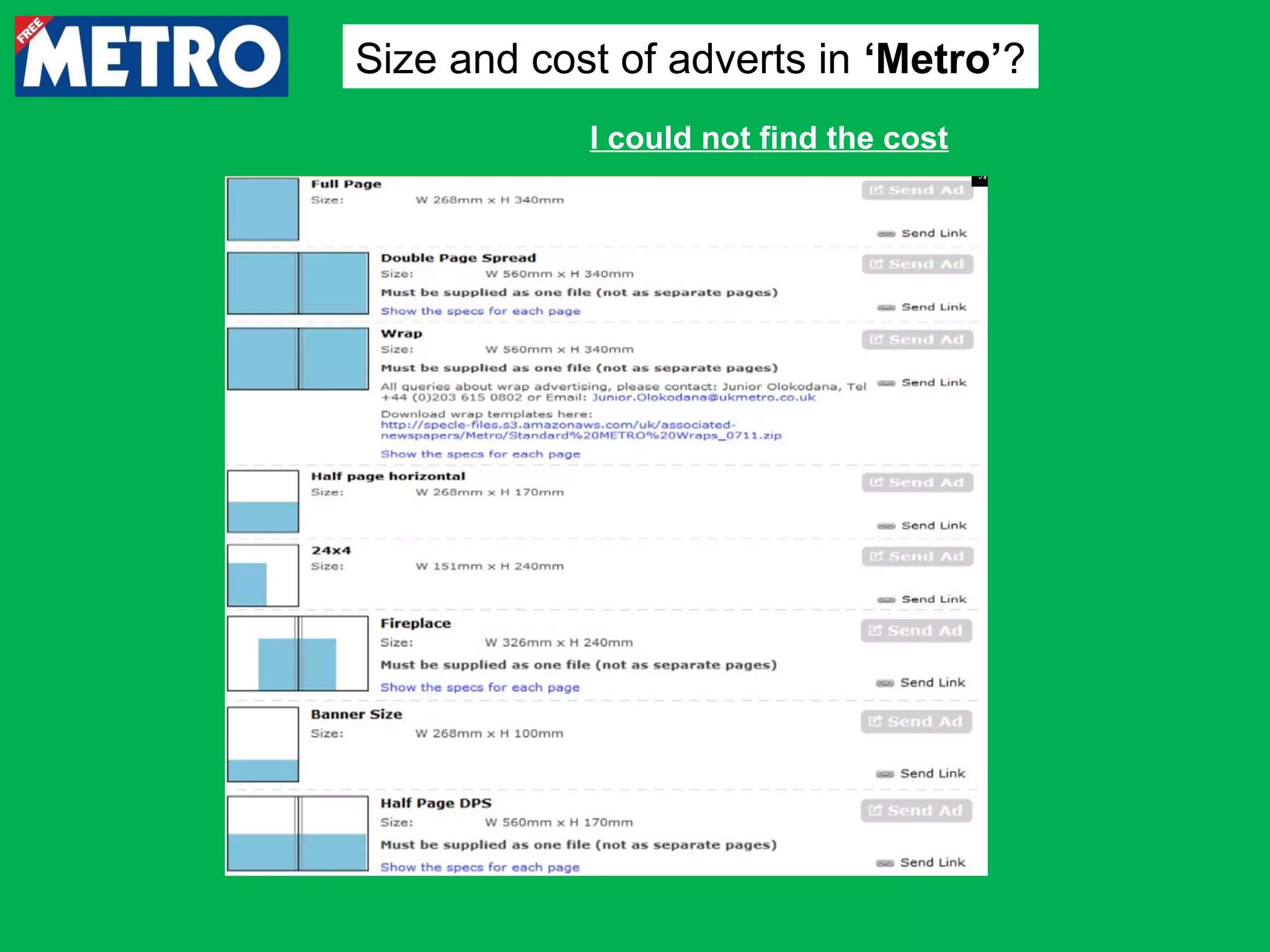 Size and cost of adverts in ‘Metro’?
I could not find the cost

 
