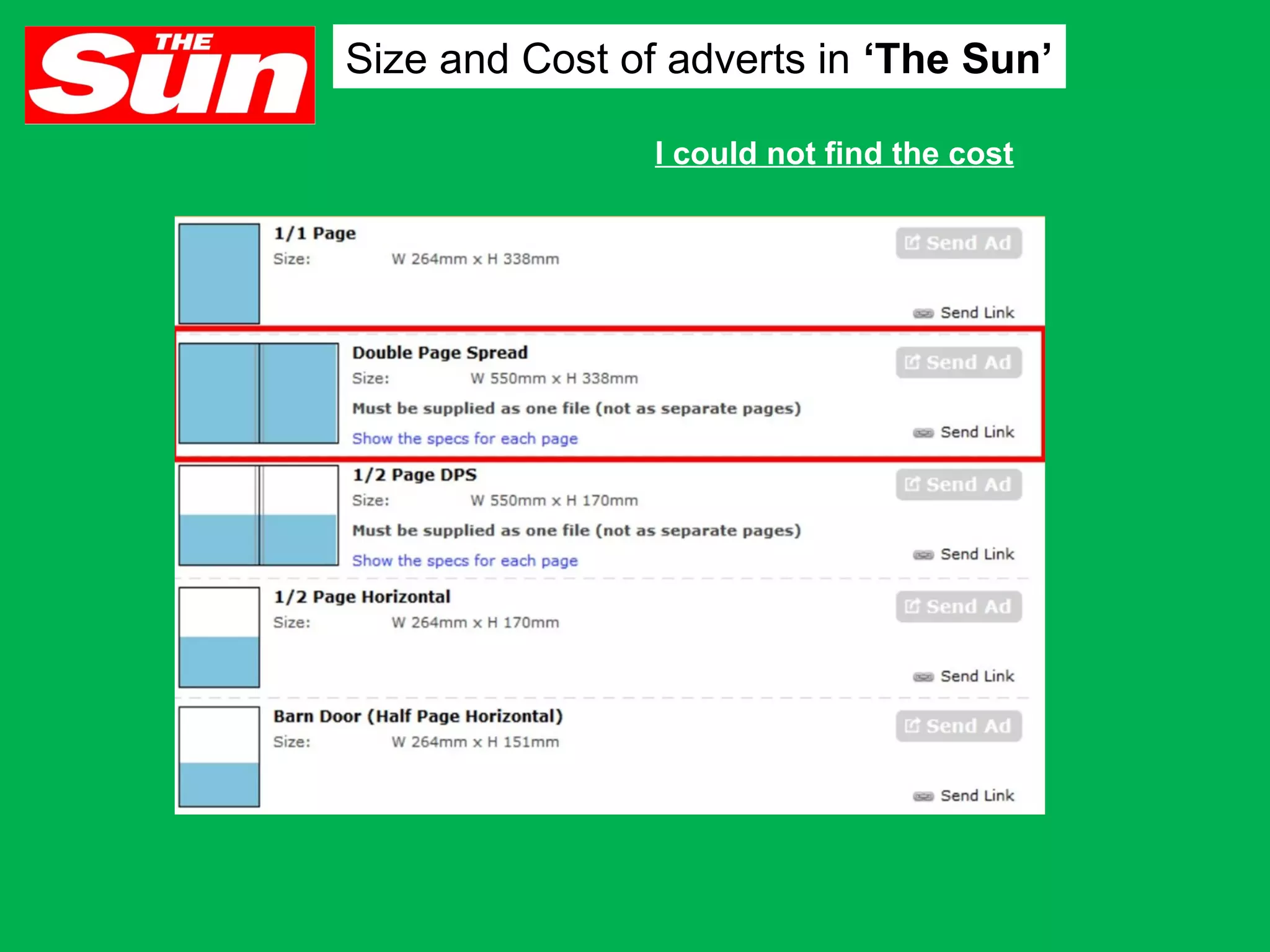 Size and Cost of adverts in ‘The Sun’
I could not find the cost

 