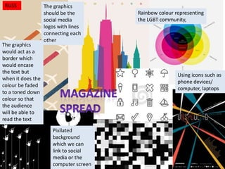 RUSS

The graphics
would act as a
border which
would encase
the text but
when it does the
colour be faded
to a toned down
colour so that
the audience
will be able to
read the text

The graphics
should be the
social media
logos with lines
connecting each
other

Rainbow colour representing
the LGBT community,

Using icons such as
phone devices/
computer, laptops

Pixilated
background
which we can
link to social
media or the
computer screen

 