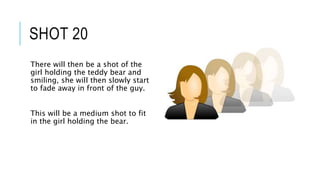 SHOT 20
There will then be a shot of the
girl holding the teddy bear and
smiling, she will then slowly start
to fade away in front of the guy.
This will be a medium shot to fit
in the girl holding the bear.
 