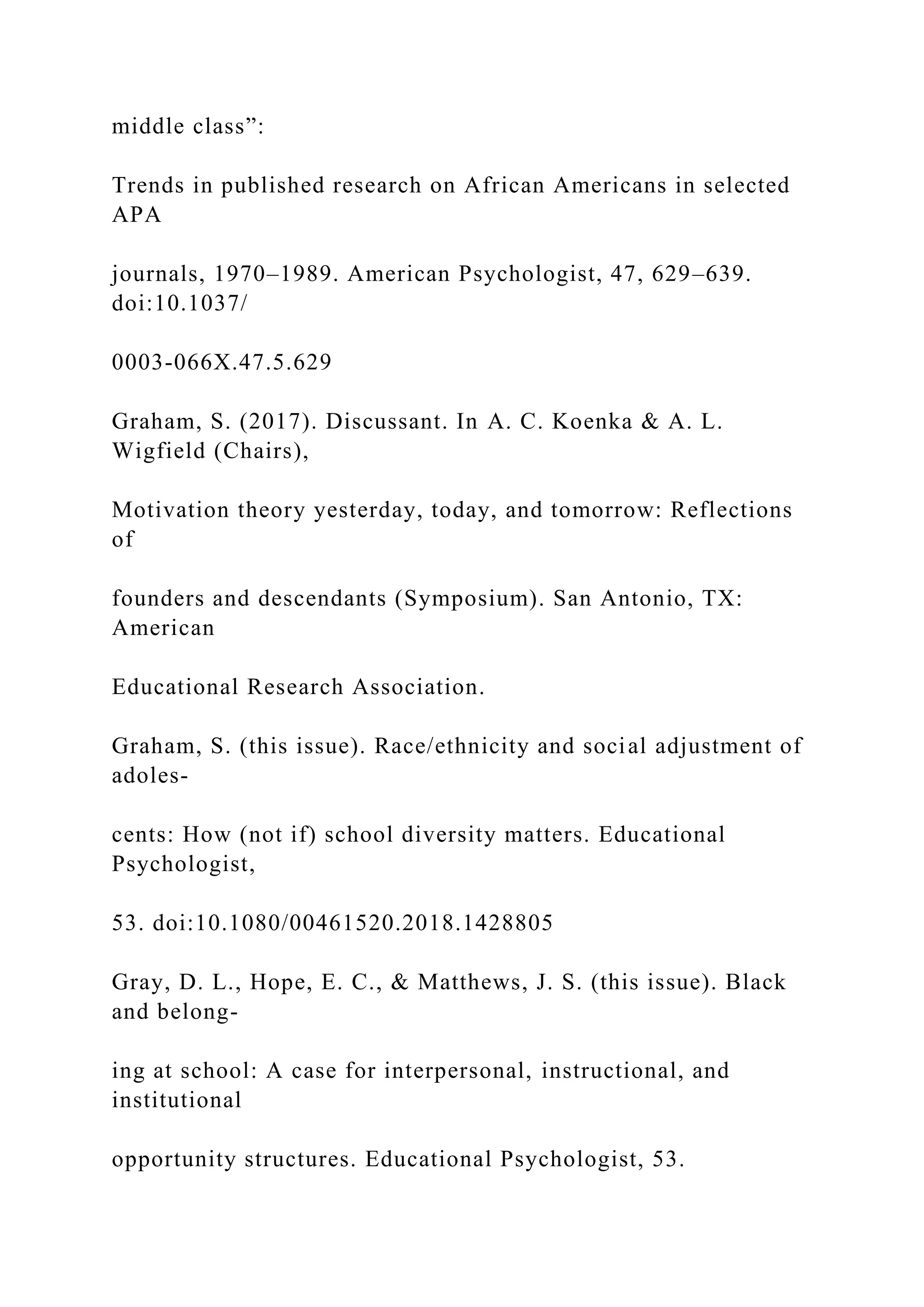 middle class”:
Trends in published research on African Americans in selected
APA
journals, 1970–1989. American Psychologist, 47, 629–639.
doi:10.1037/
0003-066X.47.5.629
Graham, S. (2017). Discussant. In A. C. Koenka & A. L.
Wigfield (Chairs),
Motivation theory yesterday, today, and tomorrow: Reflections
of
founders and descendants (Symposium). San Antonio, TX:
American
Educational Research Association.
Graham, S. (this issue). Race/ethnicity and social adjustment of
adoles-
cents: How (not if) school diversity matters. Educational
Psychologist,
53. doi:10.1080/00461520.2018.1428805
Gray, D. L., Hope, E. C., & Matthews, J. S. (this issue). Black
and belong-
ing at school: A case for interpersonal, instructional, and
institutional
opportunity structures. Educational Psychologist, 53.
 