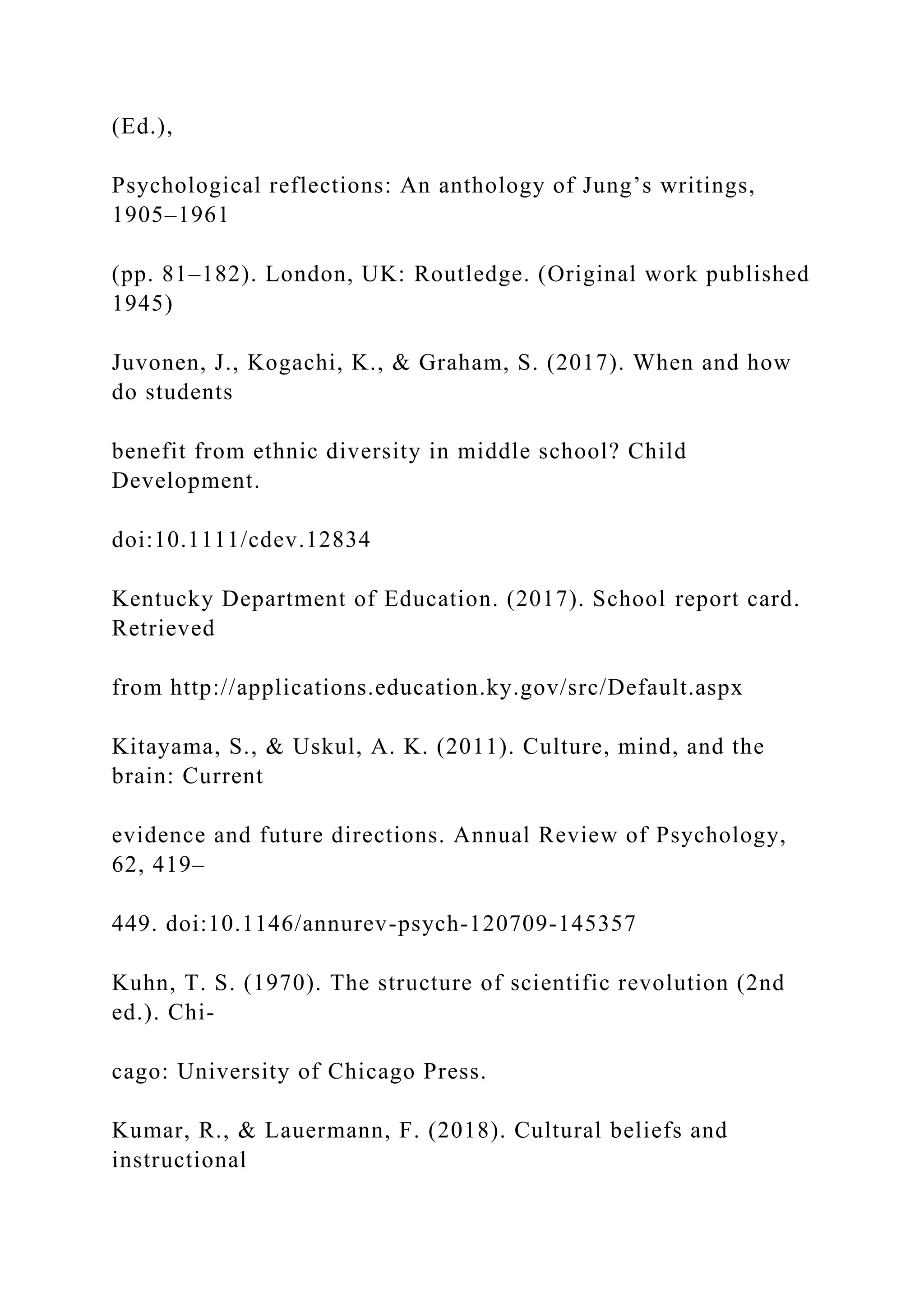 (Ed.),
Psychological reflections: An anthology of Jung’s writings,
1905–1961
(pp. 81–182). London, UK: Routledge. (Original work published
1945)
Juvonen, J., Kogachi, K., & Graham, S. (2017). When and how
do students
benefit from ethnic diversity in middle school? Child
Development.
doi:10.1111/cdev.12834
Kentucky Department of Education. (2017). School report card.
Retrieved
from http://applications.education.ky.gov/src/Default.aspx
Kitayama, S., & Uskul, A. K. (2011). Culture, mind, and the
brain: Current
evidence and future directions. Annual Review of Psychology,
62, 419–
449. doi:10.1146/annurev-psych-120709-145357
Kuhn, T. S. (1970). The structure of scientific revolution (2nd
ed.). Chi-
cago: University of Chicago Press.
Kumar, R., & Lauermann, F. (2018). Cultural beliefs and
instructional
 