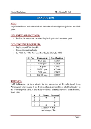 Digital Technique Mrs. Sunita M Dol
Page 1
HANDOUT#3b
AIM:
Implementation of half subtractor and full subtractor using basic gate and universal
gates.
LEARNING OBJECTIVES:
- Realize the subtractor circuits using basic gates and universal gates
COMPONENT REQUIRED:
- Logic gates (IC) trainer kit.
- Connecting patch chords.
- IC 7400, IC 7408, IC 7432, IC 7402, IC 7404, IC 7486
Sr. No. Component Specification
1 NOT gate IC7404
2 AND gate IC7408
3 OR gate IC7432
4 NAND gate IC 7400
5 NOR gate IC7402
6 EX-OR gate IC7486
THEORY:
Half Subtractor: A logic circuit for the subtraction of B (subtrahend) from
A(minuend) where A and B are 1-bit numbers is referred to as a half subtractor. In
the following truth table, A and B are two inputs and D (difference) and C(borrow)
Truth table
A B S(sum) C(carry)
0 0 0 0
0 1 1 1
1 0 1 0
1 1 0 0
S(sum) = A B
C(borrow) =
 