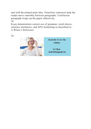 and well-developed main idea. Transition sentences help the
reader move smoothly between paragraphs. Conclusion
paragraph wraps up the paper effectively.
10
Essay demonstrates correct use of grammar, word choice,
sentence mechanics, and APA formatting as described in
A Writer’s Reference
.
10
 