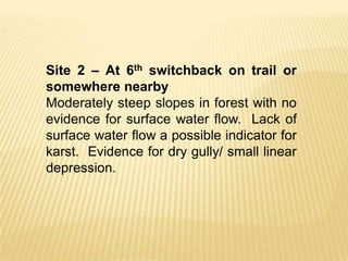 Site 2 – At 6th switchback on trail or
somewhere nearby
Moderately steep slopes in forest with no
evidence for surface water flow. Lack of
surface water flow a possible indicator for
karst. Evidence for dry gully/ small linear
depression.
 