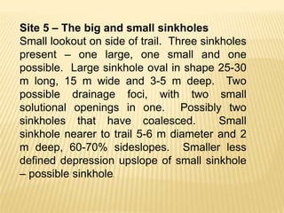 Site 5 – The big and small sinkholes
Small lookout on side of trail. Three sinkholes
present – one large, one small and one
possible. Large sinkhole oval in shape 25-30
m long, 15 m wide and 3-5 m deep. Two
possible drainage foci, with two small
solutional openings in one. Possibly two
sinkholes that have coalesced.            Small
sinkhole nearer to trail 5-6 m diameter and 2
m deep, 60-70% sideslopes. Smaller less
defined depression upslope of small sinkhole
– possible sinkhole.
 