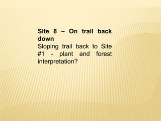 Site 8 – On trail back
down
Sloping trail back to Site
#1 - plant and forest
interpretation?
 