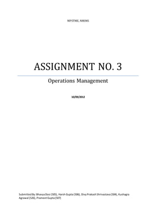 MPSTME, NMIMS




            ASSIGNMENT NO. 3
                        Operations Management

                                           10/09/2012




Submitted By: Bhavya Dosi (505), Harsh Gupta (506), Divy Prakash Shrivastava (504), Kushagra
Agrawal (526), Prameet Gupta (507)
 