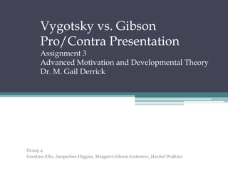 Vygotsky vs. Gibson Pro/Contra PresentationAssignment 3 Advanced Motivation and Developmental TheoryDr. M. Gail Derrick Group 4 Geertina Ellis, Jacqueline Higgins, Margaret Gibson-Gutierrez, Harriet Watkins 