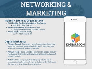 NETWORKING &
MARKETING
Industry Events & Organizations
• 2019 DigiMarCon Digital Marketing Conference
‣ May 9-10 | New York, NY
• American Marketing Association (AMA)
‣ Collegiate Membership | Seattle Chapter
• Attend ‘Digital Summit’ Yearly
‣ Jun 11-12 | Portland, OR
Digital Marketing
• Primary Content: Blog posts - write 3 marketing related blog
posts per month on personal website and 1 guest post per
month on influential marketing website.
• Primary Tools: FB and LinkedIn - promote blog posts through
Facebook and LinkedIn while developing LinkedIn network of
industry experts.
• Website: I’ll be using my Full Sail digital portfolio site to
showcase school work while I am a student and will also use
the blog to write articles about marketing.
 
