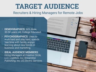 • DEMOGRAPHICS: 60% Male,
30-50 years old, College Educated.
• PSYCHOGRAPHICS: Likes to
work hard and play hard, spends
free time with family, enjoys
learning about new trends in
business and marketing.
• IDEAL AUDIENCE MEMBERS:
Hiring Managers at Creative Circle,
LLC; LogMeIn, Inc; Streamline
Publishing, Inc; US Electric Services.
Recruiters & Hiring Managers for Remote Jobs
TARGET AUDIENCE
 