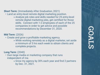 GOALS
Short Term: (Immediately After Graduation, 2021)
• Land an entry-level remote digital marketing position.
‣ Analyze job roles and skills needed for 25 entry-level
remote digital marketing jobs, get certiﬁed for those
skills. Connect with 1-2 employees of each of the 25
companies in order to get advice and possible
recommendations by December 31, 2020.
Mid Term: (2026)
• Create and grow a proﬁtable marketing agency.
‣ While working remotely as a digital marketer, set aside
a minimum of 5 hrs each week to obtain clients and
complete projects.
Long Term: (2040)
• Own large media or marketing company that runs
independent of me.
‣ Grow my agency by 30% each year and ﬁnd 2 partners
by Dec. 31, 2021.
 