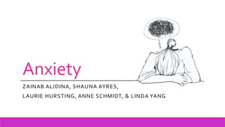 Anxiety
ZAINAB ALIDINA, SHAUNA AYRES,
LAURIE HURSTING, ANNE SCHMIDT, & LINDA YANG
 