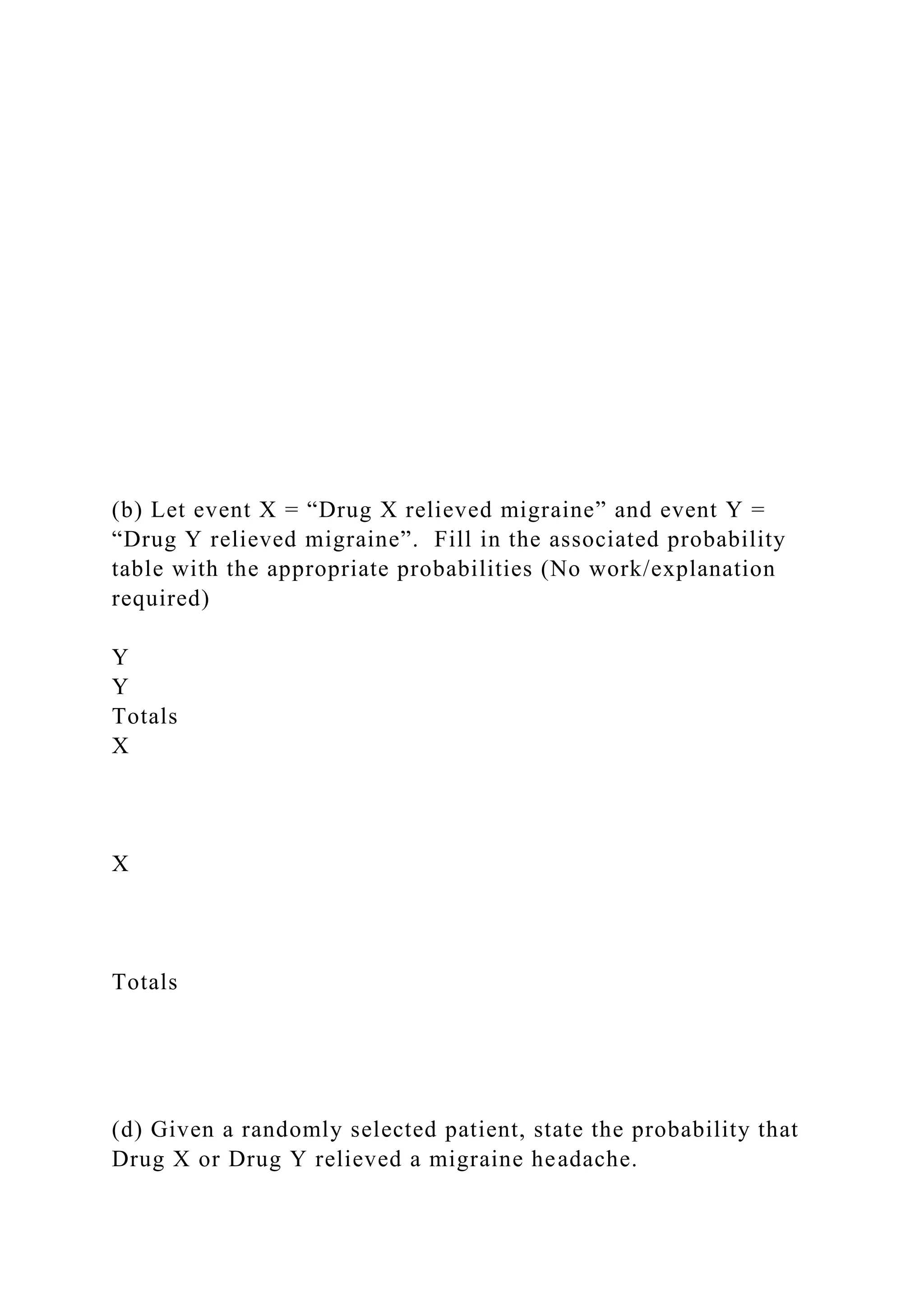 (b) Let event X = “Drug X relieved migraine” and event Y =
“Drug Y relieved migraine”. Fill in the associated probability
table with the appropriate probabilities (No work/explanation
required)
Y
Y
Totals
X
X
Totals
(d) Given a randomly selected patient, state the probability that
Drug X or Drug Y relieved a migraine headache.
 