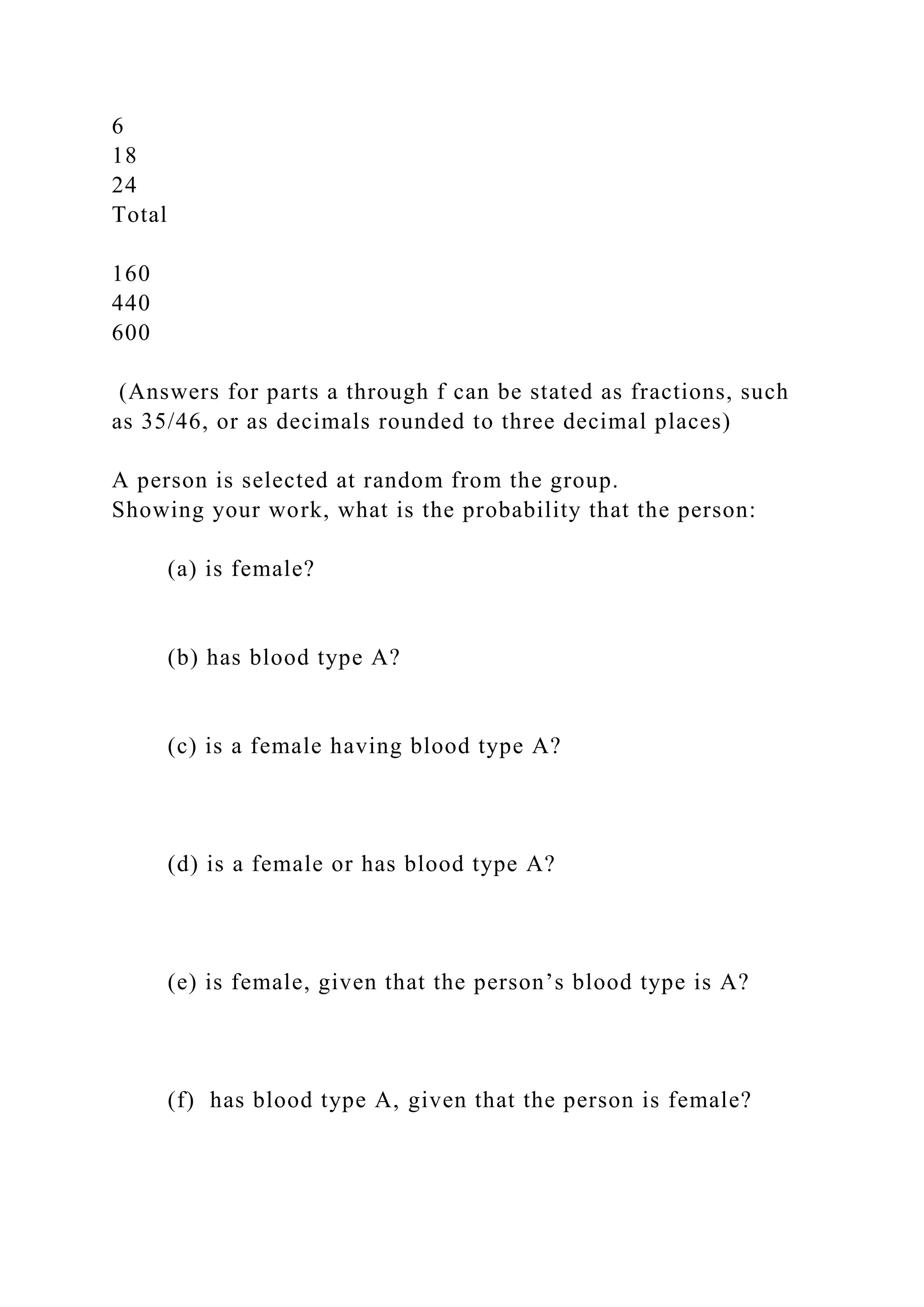 6
18
24
Total
160
440
600
(Answers for parts a through f can be stated as fractions, such
as 35/46, or as decimals rounded to three decimal places)
A person is selected at random from the group.
Showing your work, what is the probability that the person:
(a) is female?
(b) has blood type A?
(c) is a female having blood type A?
(d) is a female or has blood type A?
(e) is female, given that the person’s blood type is A?
(f) has blood type A, given that the person is female?
 