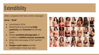 Extendibility
Other companies that have similar campaigns
Aerie - “Real”
● Launched in 2014
● Brand built on promoting body
positivity and inclusion of all body
types.
● Shows unedited photographs of
models to redefine beauty standards.
● Broke the stereotype of the “perfect”
body.
● People could relate and feel
comfortable in their own skin.
 