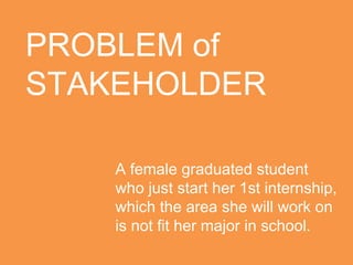 PROBLEM of
STAKEHOLDER
A female graduated student
who just start her 1st internship,
which the area she will work on
is not fit her major in school.
 