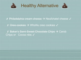 Healthy Alternative

✗ Philadelphia cream cheese  Neufchatel cheese ✓

✗ Oreo cookies  WhoNu oreo cookies ✓

✗ Baker’s Semi-Sweet Chocolate Chips  Carob
Chips or Cocoa nibs ✓
 