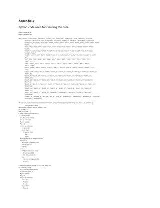 Appendix-1
Python code used for cleaning the data-
import numpy as np
import pandas as pd
drop_column = ["ODATEDW", "OSOURCE", "TCODE", "ZIP", "MAILCODE", "PVASTATE", "DOB", "NOEXCH", "CLUSTER",
"AGEFLAG", "NUMCHLD", "HIT", "DATASRCE", "MALEMILI", "MALEVET", "VIETVETS", "WWIIVETS", "LOCALGOV",
"STATEGOV", "FEDGOV", "GEOCODE", "HHP1", "HHP2", "DW1", "DW2", "DW3", "DW4", "DW5", "DW6", "DW7", "DW8",
"DW9",
"HV1", "HV2", "HV3", "HV4", "HU1", "HU2", "HU3", "HU4", "HU5", "HHD1", "HHD2", "HHD3", "HHD4", "HHD5",
"HHD6",
"HHD7", "HHD1", "HHD2", "HHD3", "HHD4", "HHD5", "HHD6", "HHD7", "HHD8", "HHD9", "HHD10", "HHD11",
"HHD12", "HUR1",
"HUR2", "RHP1", "RHP2", "RHP3", "RHP4", "HUPA1", "HUPA2", "HUPA3", "HUPA4", "HUPA5", "HUPA6", "HUPA7",
"RP1",
"RP2", "RP3", "RP4", "MSA", "ADI", "DMA", "MC1", "MC2", "MC3", "TPE1", "TPE2", "TPE3", "TPE4", "TPE5",
"TPE6", "TPE7",
"TPE8", "TPE9", "PEC1", "PEC2", "TPE10", "TPE11", "TPE12","TPE13", "ANC1", "ANC2", "ANC3", "ANC4",
"ANC5", "ANC6",
"ANC7", "ANC8", "ANC9", "ANC10", "ANC11", "ANC12", "ANC13", "ANC14", "ANC15", "POBC1", "POBC2", "LSC1",
"LSC2",
"LSC3", "LSC4", "VOC1", "VOC2", "VOC3", "ADATE_2", "ADATE_3", "ADATE_4", "ADATE_5", "ADATE_6", "ADATE_7",
"ADATE_8",
"ADATE_9", "ADATE_10", "ADATE_11", "ADATE_12", "ADATE_13", "ADATE_14", "ADATE_15", "ADATE_16",
"ADATE_17",
"ADATE_18", "ADATE_19", "ADATE_20", "ADATE_21", "ADATE_22", "ADATE_23", "ADATE_24","MAXADATE",
"RDATE_3",
"RDATE_4","RDATE_5", "RDATE_6", "RDATE_7","RDATE_8", "RDATE_9", "RDATE_10", "RDATE_11", "RDATE_12",
"RDATE_13",
"RDATE_14", "RDATE_14", "RDATE_15", "RDATE_16", "RDATE_17", "RDATE_18", "RDATE_19", "RDATE_20",
"RDATE_21",
"RDATE_22", "RDATE_23", "RDATE_24", "MINRDATE","MAXRDATE", "LASTDATE", "FISTDATE","NEXTDATE",
"CONTROLN",
"TARGET_D", "HPHONE_D", "RFA_2R", "RFA_2F", "RFA_2A", "MDMAUD_R", "MDMAUD_F", "MDMAUD_A", "CLUSTER2",
"GEOCODE2", "MDMAUD"]
df = pd.read_csv("C:UserstyrionDocumentsIDS_572_notesassign2pvaBal35Trg.csv", sep=',', na_values=[' '],
low_memory=False)
df.drop(drop_column, axis=1, inplace=True)
list_string = []
non_list_string = []
# filling numeric columns with -1
for c in df.columns:
li = df[c].values.tolist()
a = np.asarray(li)
# print type(a)
flag = 0
for x in np.nditer(a):
si = x.tolist()
if x != "nan":
if type(si) != str:
flag = 1
break;
# filling NAN for all numeric entries
if flag == 1:
df[c].fillna(-1, inplace=True)
# print "was in"
# print c
else:
if df[c].isnull().values.any():
# print type(df[c])
list_string.append(c)
else:
non_list_string.append(c)
# print c
# replacing columns having "X" to 1 and "NaN" to 0
for val in list_string:
str_l = df[val].values.tolist()
a = np.asarray(str_l)
# print type(a)
flag = 0
for x in np.nditer(a):
if x == "X":
flag = 1
break
if x == "M":
flag = 2
 